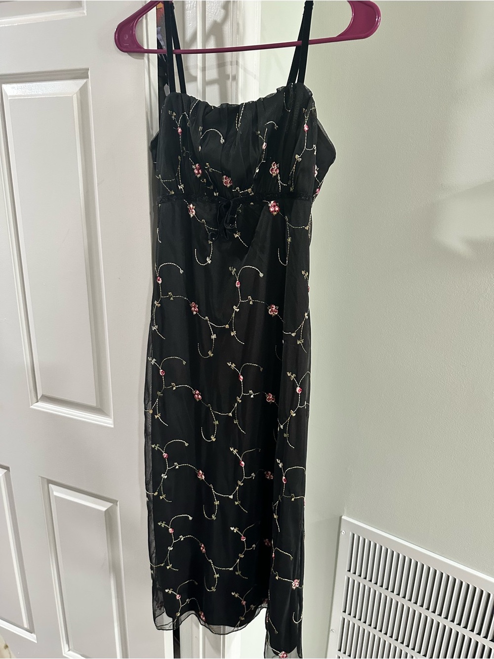 Jessica Simpson Black Midi Dress with Pink Floral Embroidery